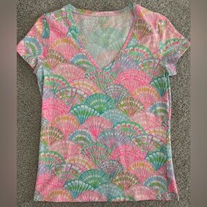 Lilly Pulitzer Pink and Green Fan Print Short Sleeve Top